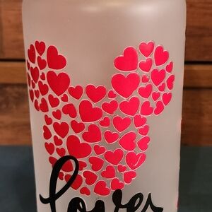 16oz Glass Cup.  Mickey Lover Hearts